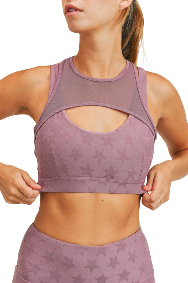 Mono B Textured Star Jacquard TACTEL® Sports Bra AT8075 - Mauve - Front Rear View