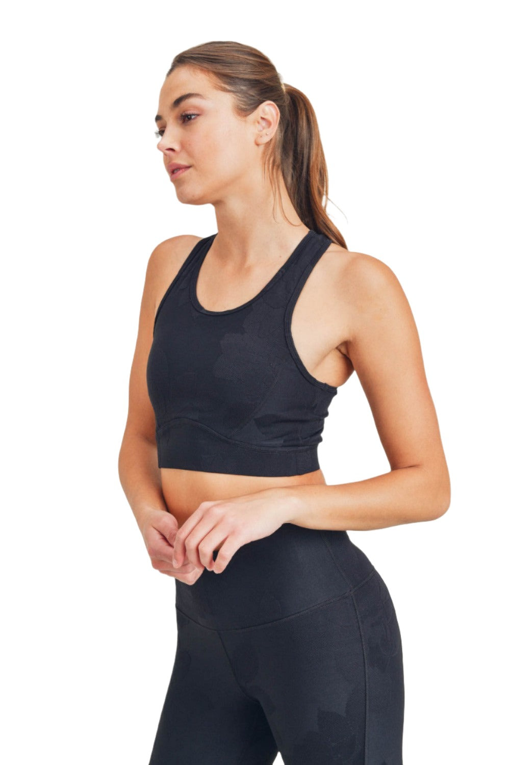 Mono B Textured Flower Jacquard TACTEL® Sports Bra AT8077 - Black - Side View