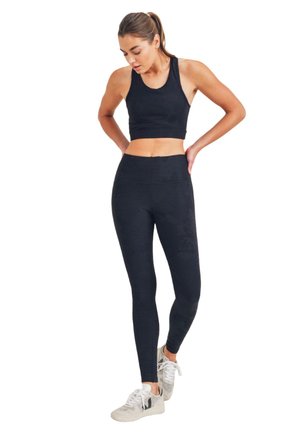 Mono B Textured Flower Jacquard Highwaist Leggings APH8078 - Black - Front Full View