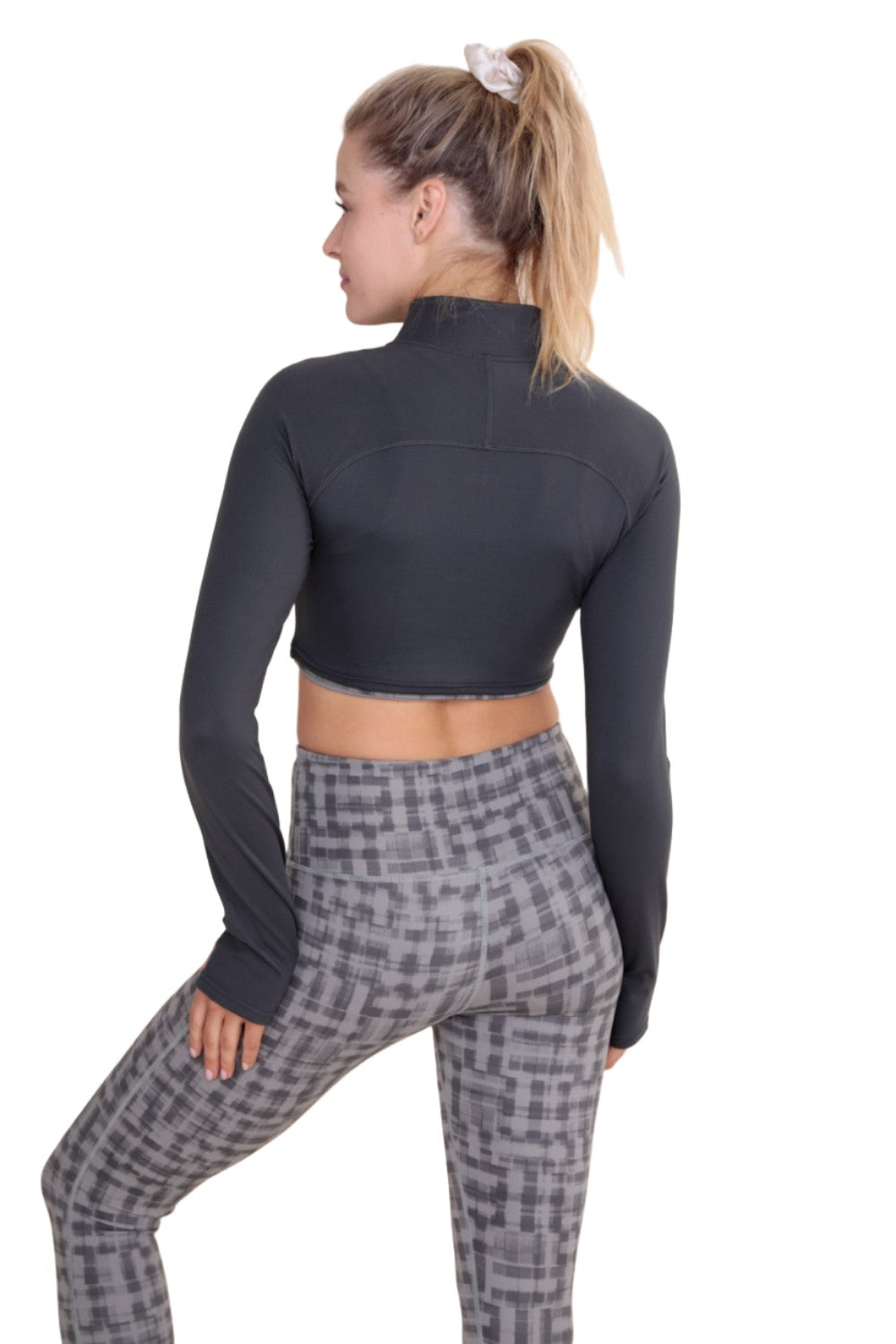 Mono B GREEN - High-Neck Cropped Active Top Long Sleeve AT8082 - Grey - Back View