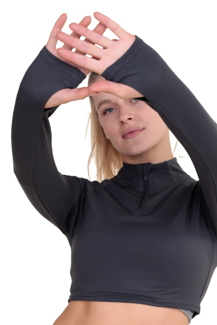 Mono B GREEN - High-Neck Cropped Active Top Long Sleeve AT8082 - Grey - Rear View