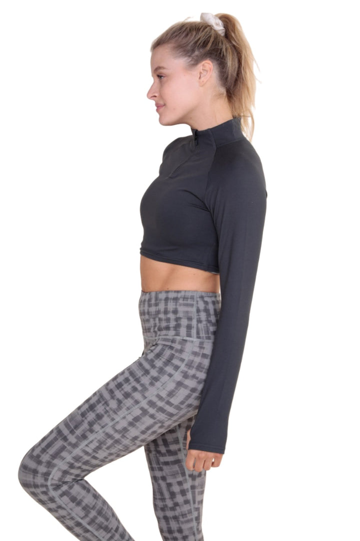 Mono B GREEN - High-Neck Cropped Active Top Long Sleeve AT8082 - Grey - Side View