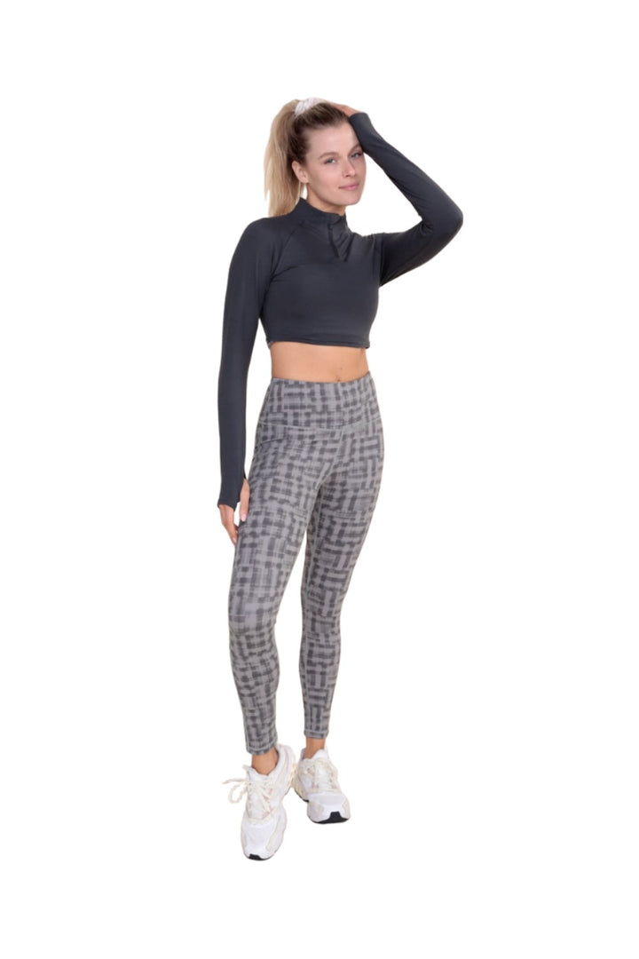 Mono B GREEN - High-Neck Cropped Active Top Long Sleeve AT8082 - Grey - Front Full View