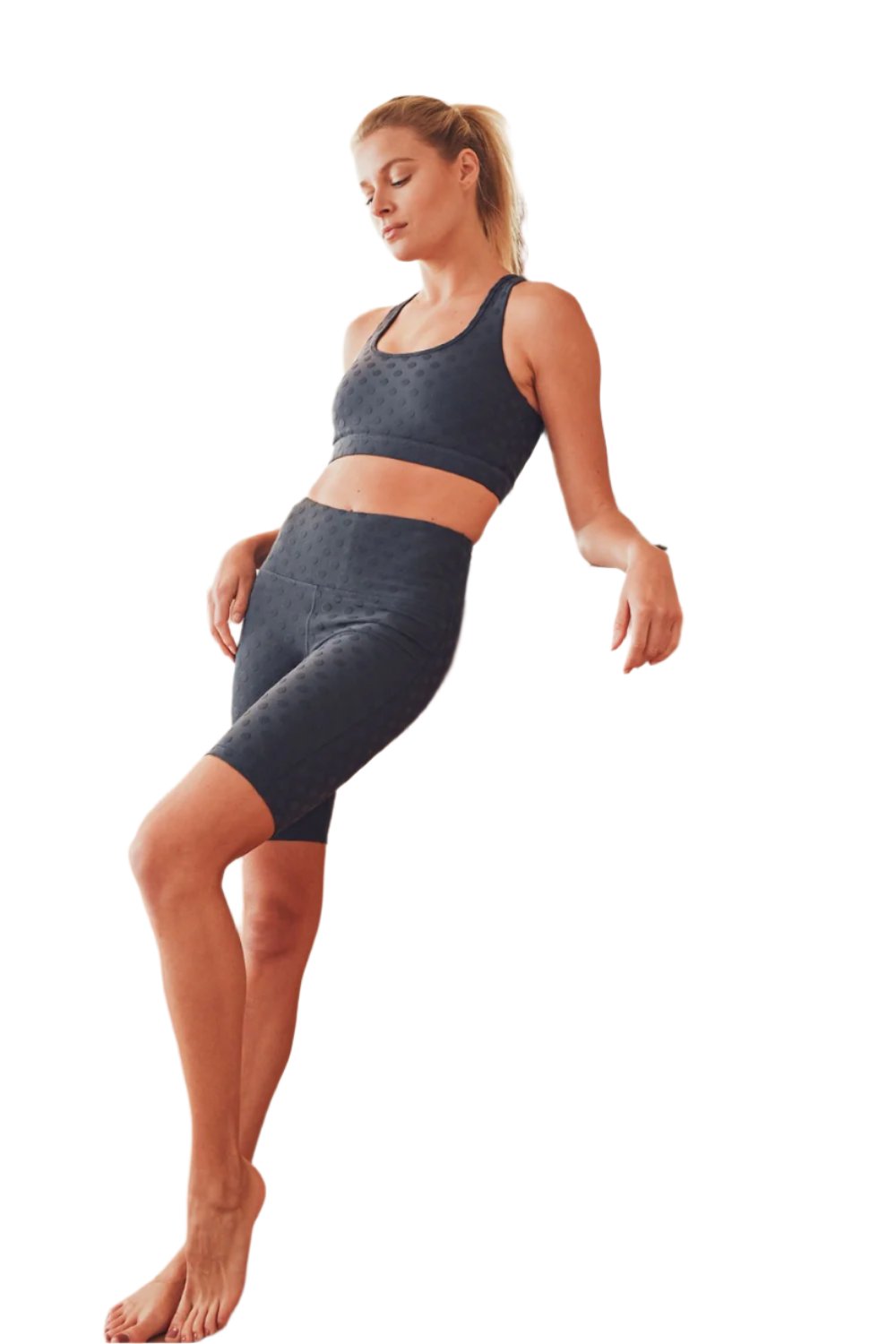 Mono B Textured Polkadot Jacquard High Waist Bermuda Shorts APH8086 - Grey Blue - Rear View