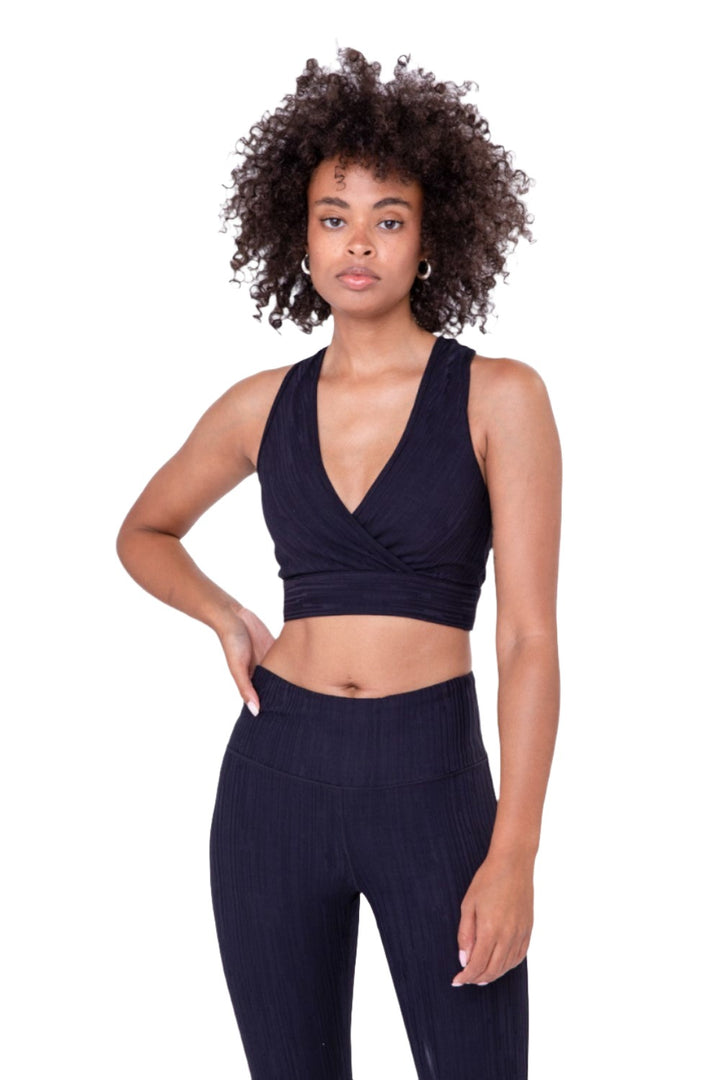 Mono B Textured Lines Jacquard TACTEL® Sports Bra AT8089 - Black - Front View