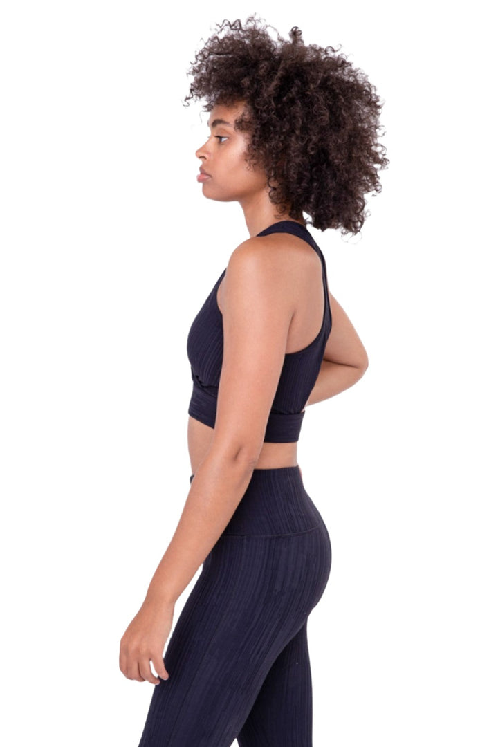 Mono B Textured Lines Jacquard TACTEL® Sports Bra AT8089 - Black - Side View