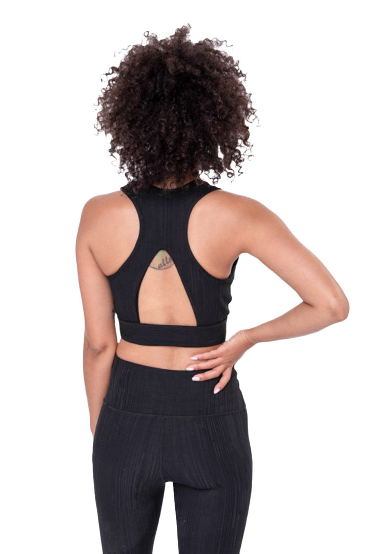 Mono B Textured Lines Jacquard TACTEL® Sports Bra AT8089 - Black - Back View