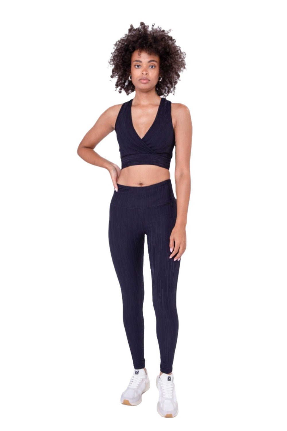 Textured Lines Jacquard High Waist Leggings APH8090 - Black - Front Full View