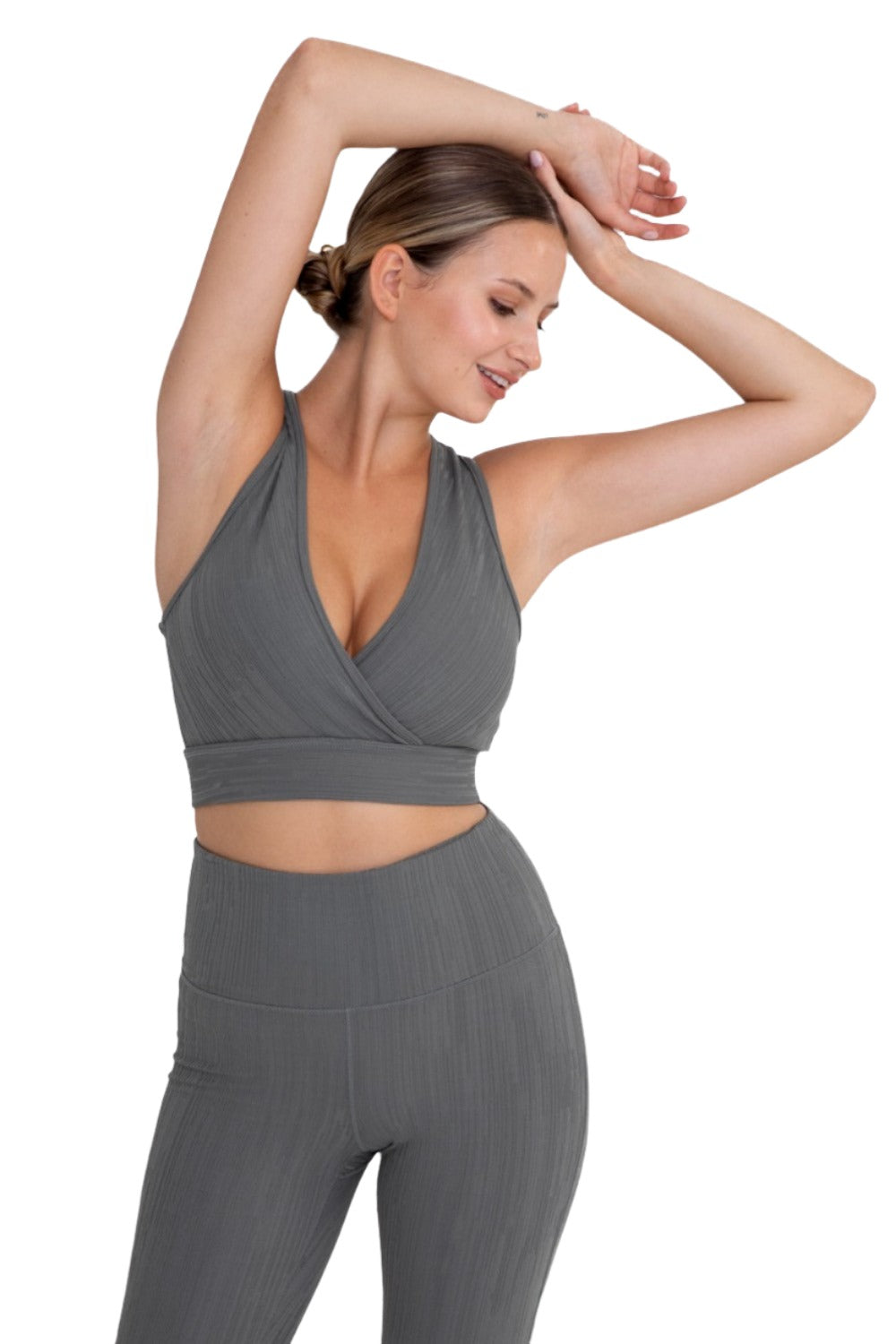 Mono B Textured Lines Jacquard TACTEL® Sports Bra AT8089 - Cement Grey - Front View