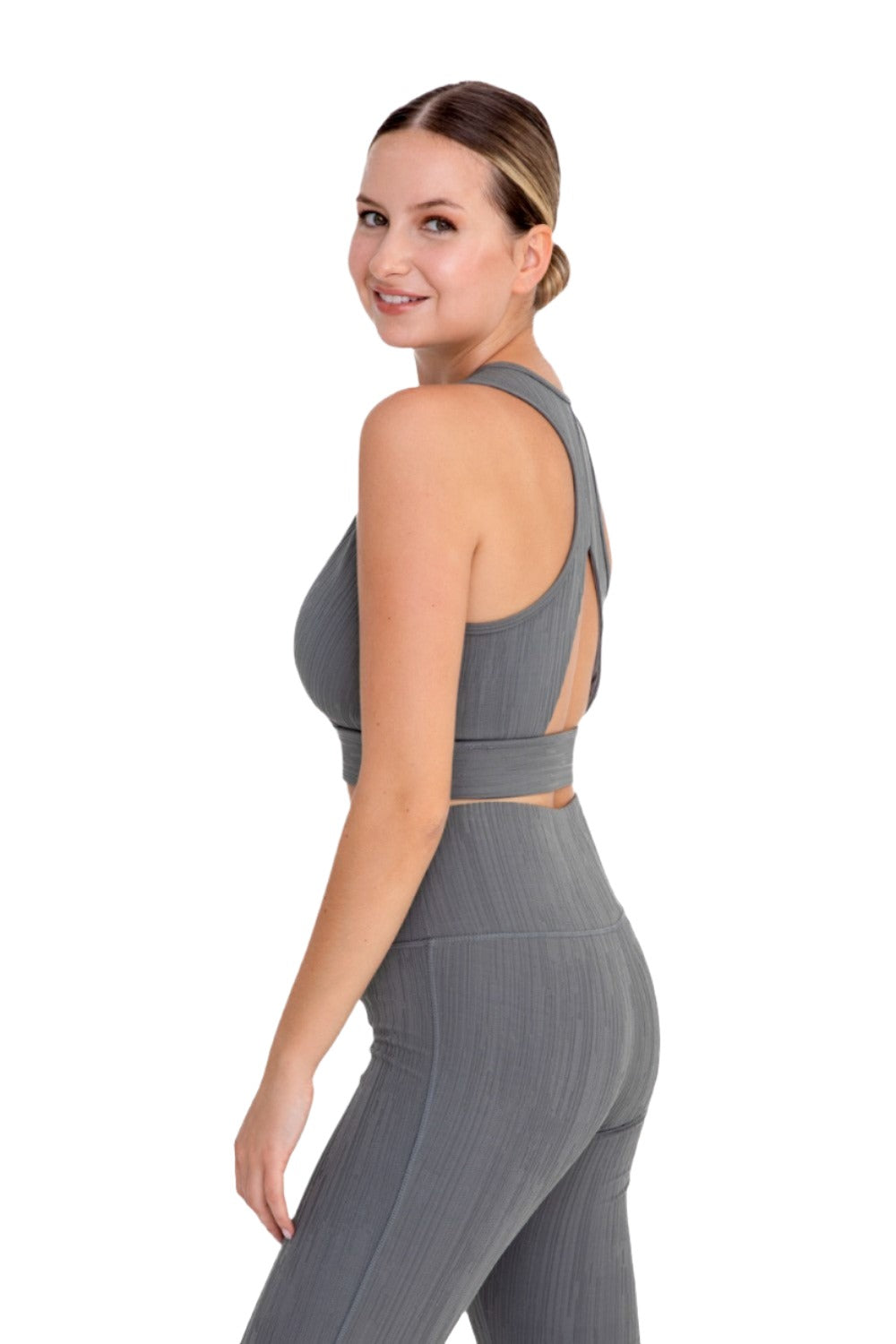 Mono B Textured Lines Jacquard TACTEL® Sports Bra AT8089 - Cement Grey - Side View