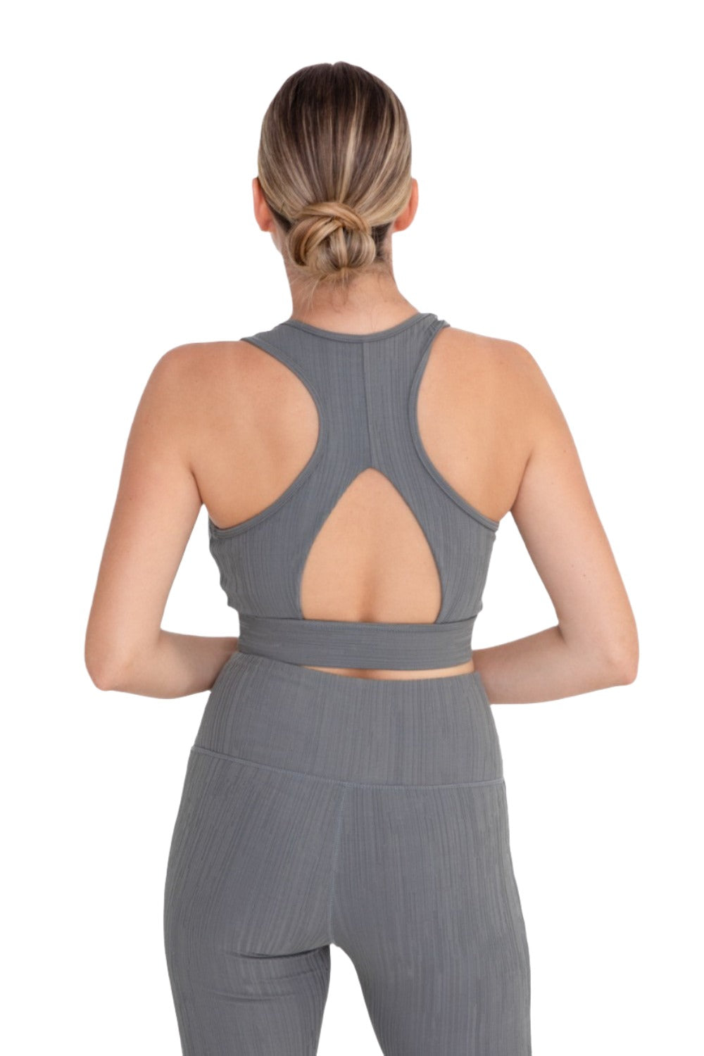 Mono B Textured Lines Jacquard TACTEL® Sports Bra AT8089 - Cement Grey - Back View