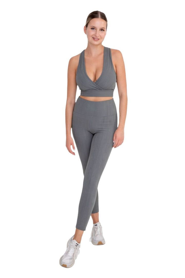 Mono B Textured Lines Jacquard TACTEL® Sports Bra AT8089 - Cement Grey - Front Full View