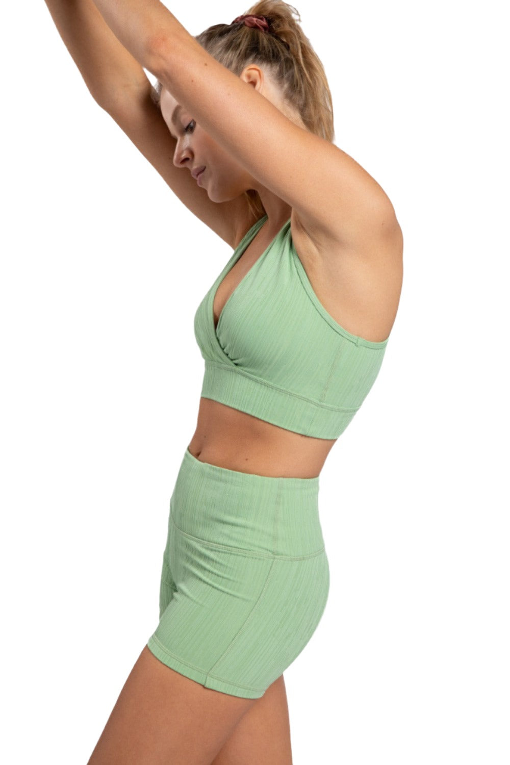 Mono B Ribbed Seamless Mid Length Shorts APH8100 - Fair Green - Side View