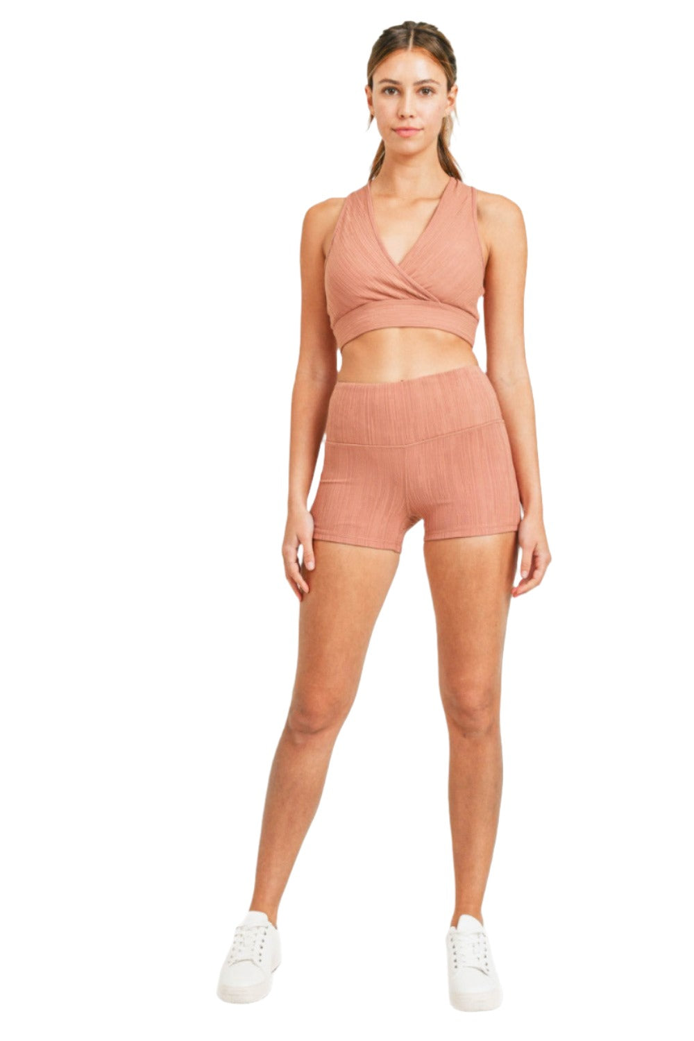 Mono B Ribbed Seamless Mid Length Shorts APH8100 - Hazel - Front Full View