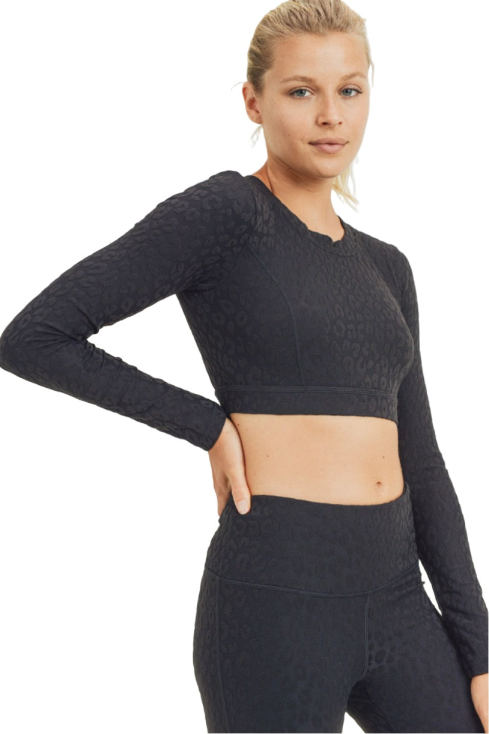 Mono B Leopard Jacquard Crop Top AT8208 - Black - Front Side View