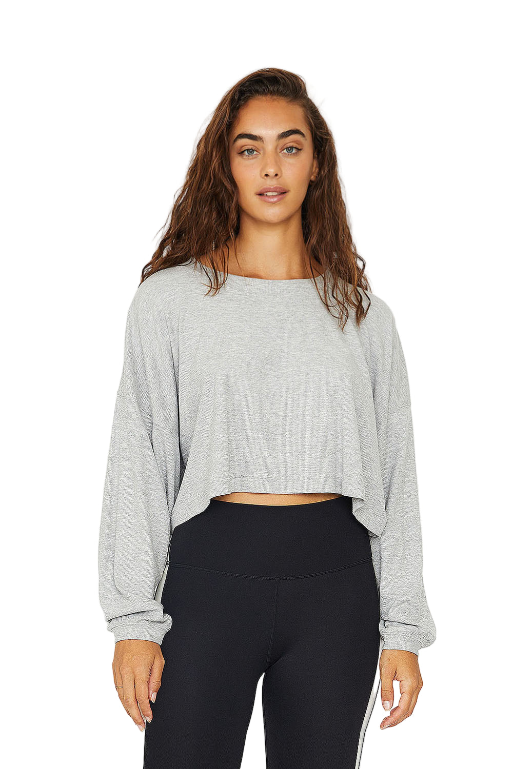 Cream Yoga Alexa oversized sleeve crop top - Heather Gray - Front View