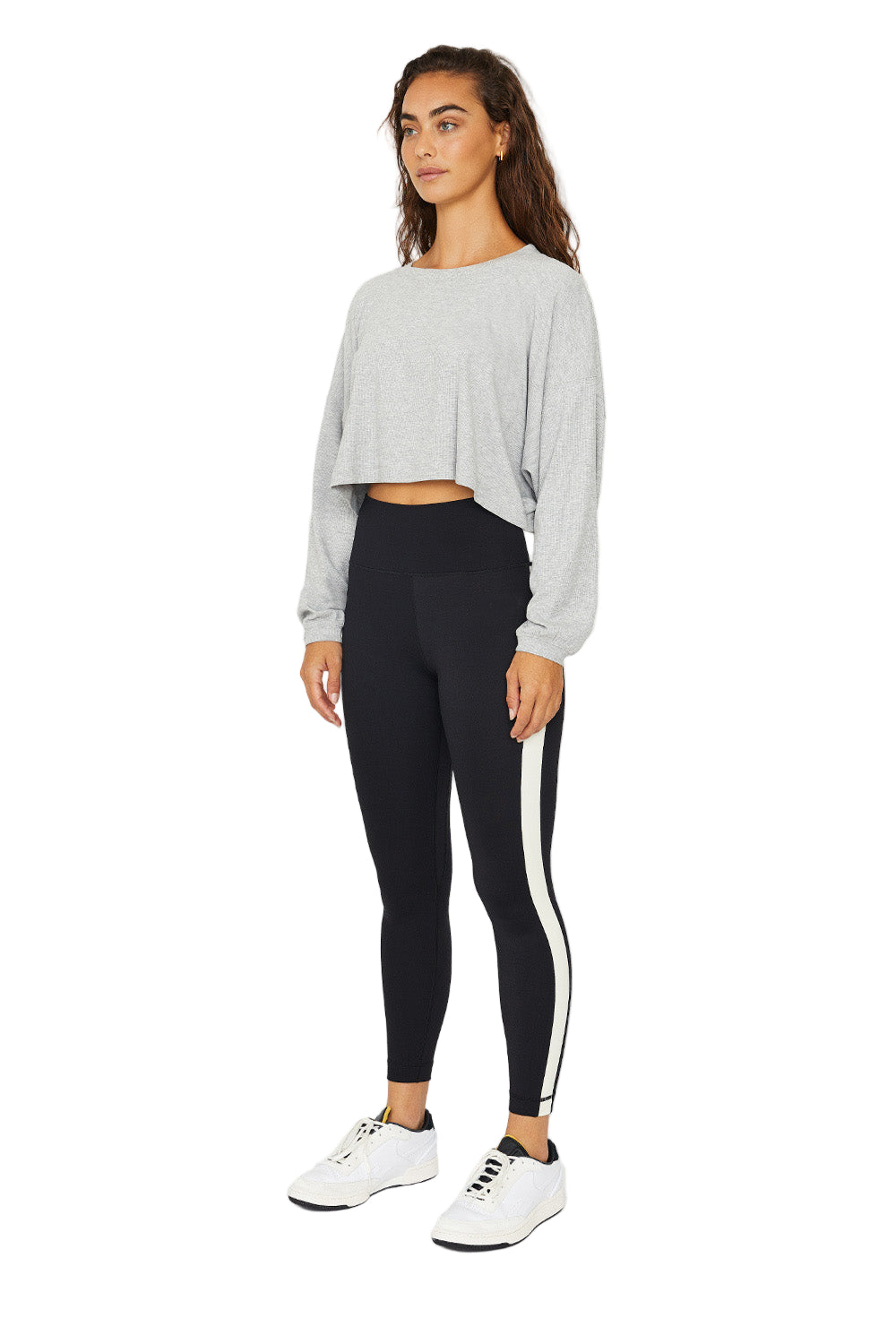 Cream Yoga Alexa oversized sleeve crop top - Heather Gray - Side Full View