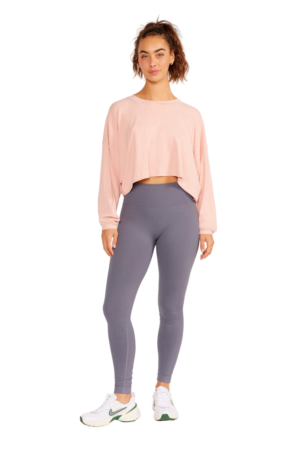 Cream Yoga Alexa oversized sleeve crop top - Powder Pink - Front Full View