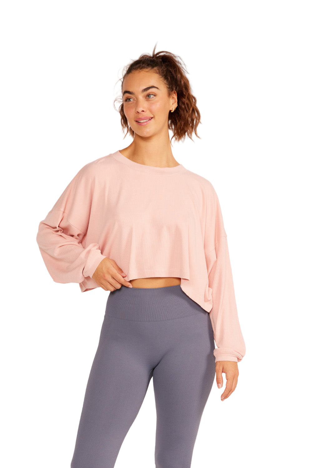 Cream Yoga Alexa oversized sleeve crop top - Powder Pink - Front View