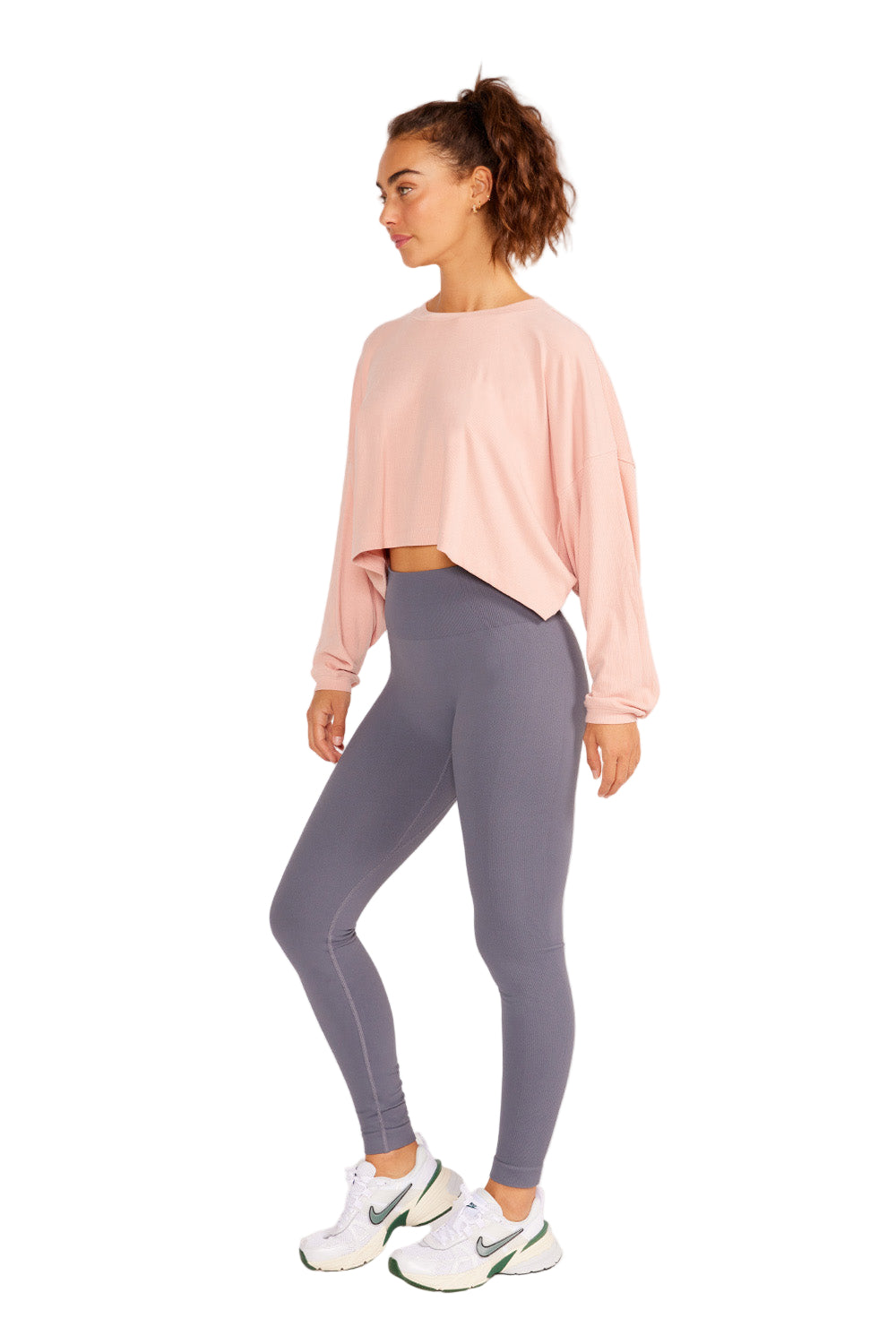 Cream Yoga Alexa oversized sleeve crop top - Powder Pink - Side Full View