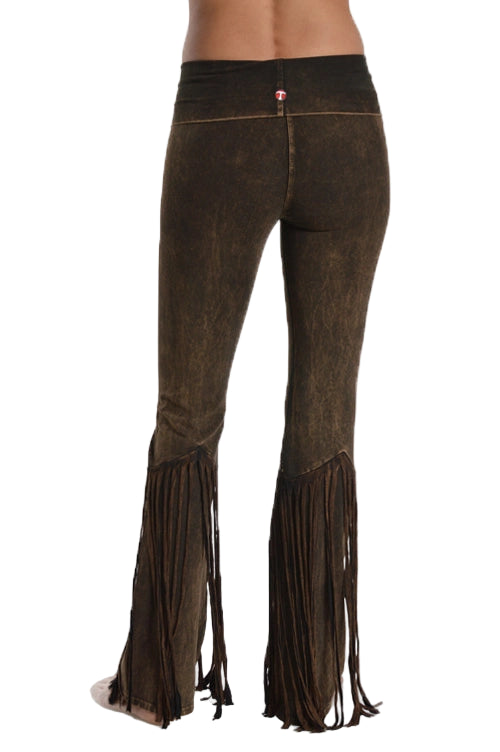 T-Party Fold Down STUDS and FRINGE Bottom Mineral Washed Yoga Pants - Brown - Back View