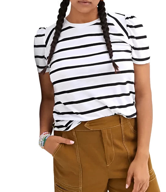 TLA Petite Stripe Puff Sleeve Tee - Black and White Stripes - Front View