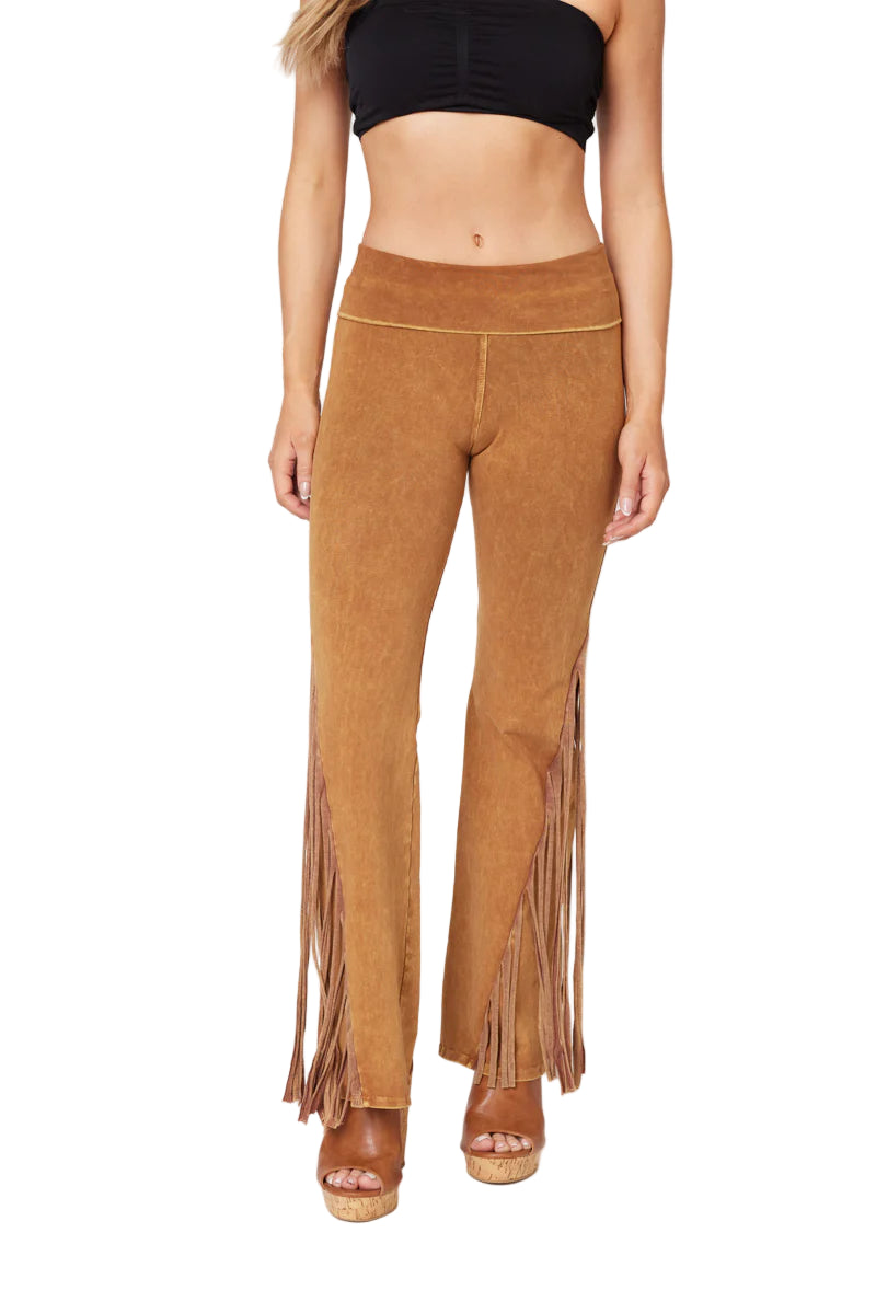 T-Party Fold Down Fringe Bottom Side Leg Mineral Washed Yoga Pants - Camel - Front View