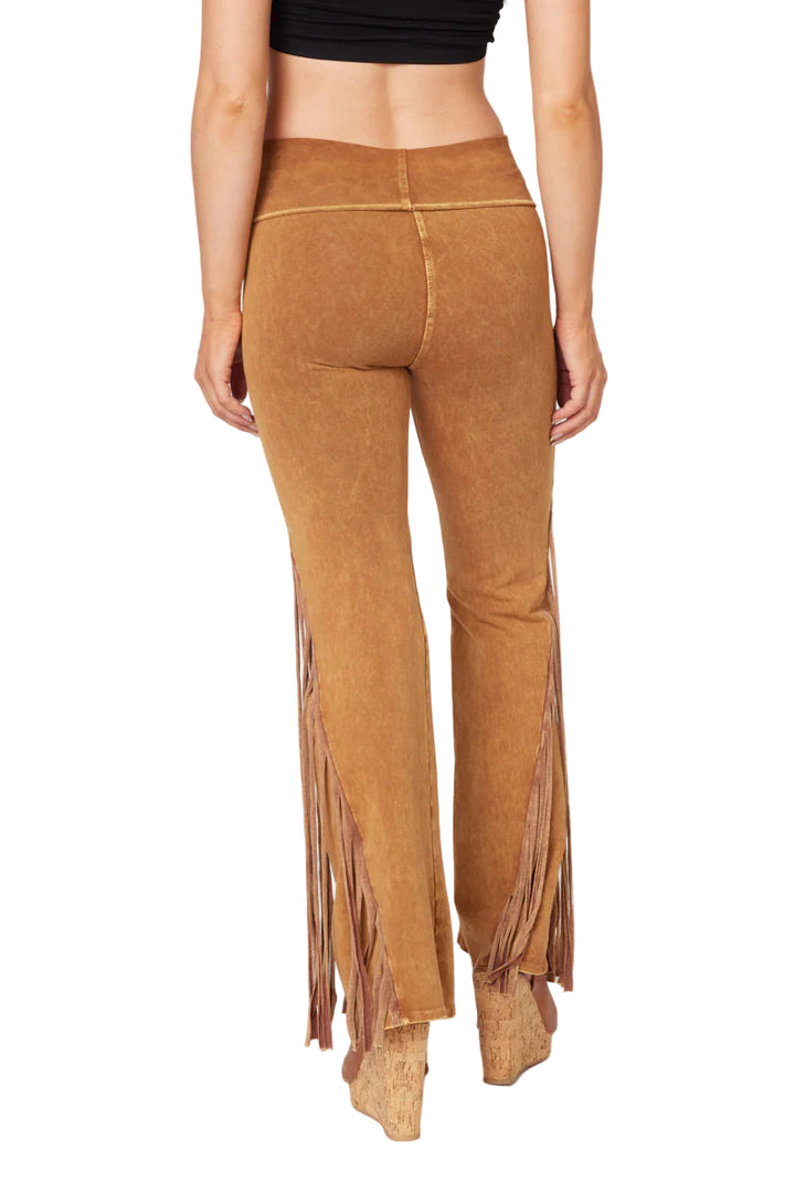 T-Party Fold Down Fringe Bottom Side Leg Mineral Washed Yoga Pants - Camel - Back View