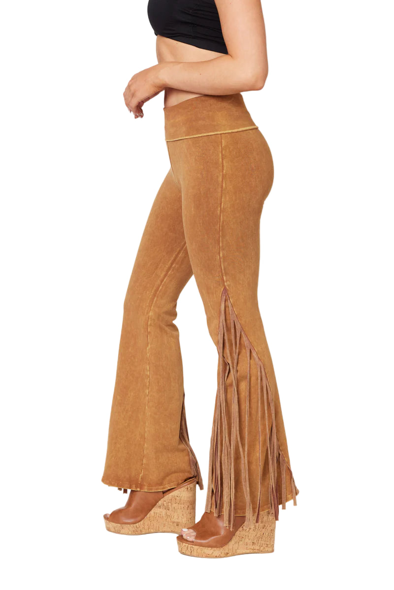 T-Party Fold Down Fringe Bottom Side Leg Mineral Washed Yoga Pants - Camel - Side View