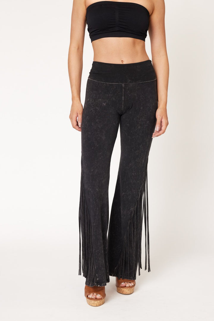 T-Party Fold Down Fringe Bottom Side Leg Mineral Washed Yoga Pants CJ72379