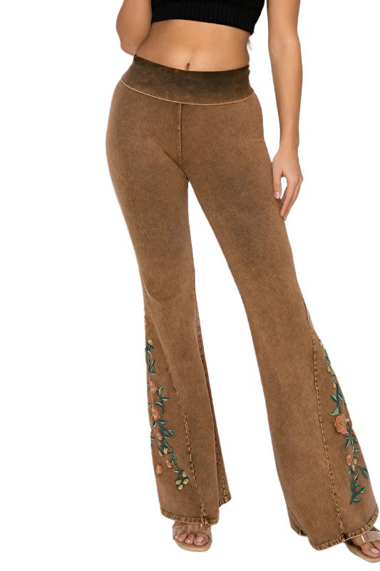 T-Party Floral Embroidery Mineral Washed Yoga Pant - Camel - Front View