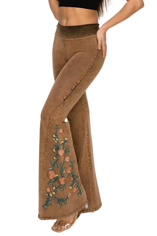 T-Party Floral Embroidery Mineral Washed Yoga Pant - Camel - Side View