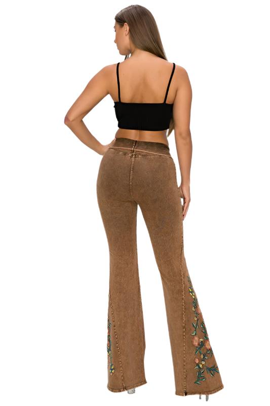 T-Party Floral Embroidery Mineral Washed Yoga Pant - Camel - Back View