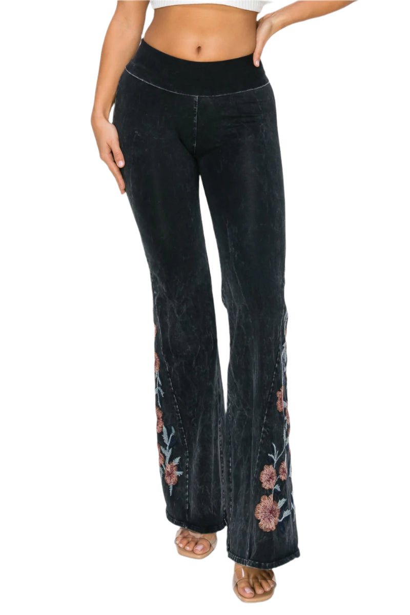 T-Party Desert Rose Embroidered Mineral Washed Yoga Pant - Black - Front View