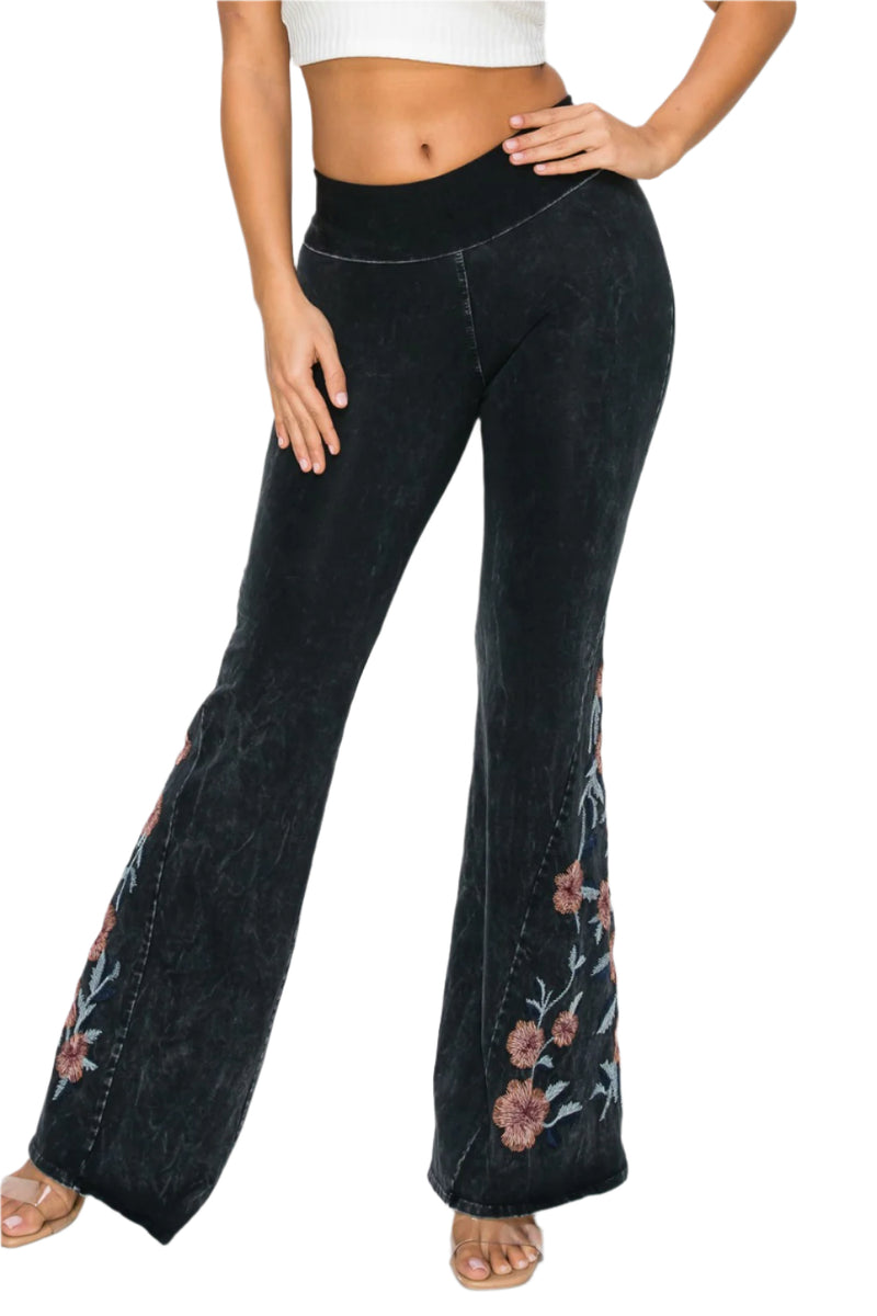 T-Party Desert Rose Embroidered Mineral Washed Yoga Pant - Black - Front View