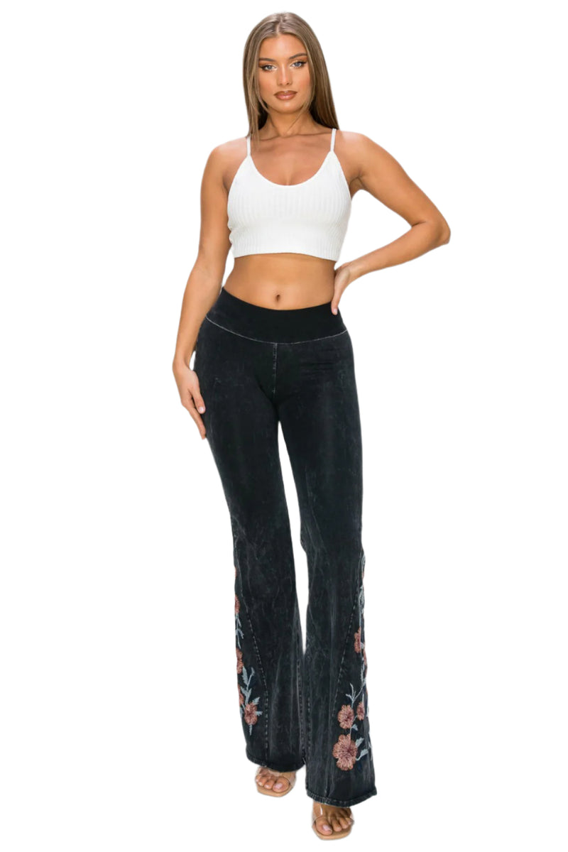 T-Party Desert Rose Embroidered Mineral Washed Yoga Pant - Black - Front Full View