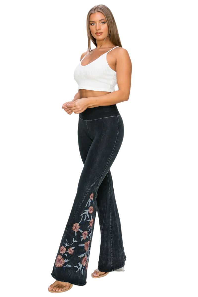 T-Party Desert Rose Embroidered Mineral Washed Yoga Pant - Black - Side Full View