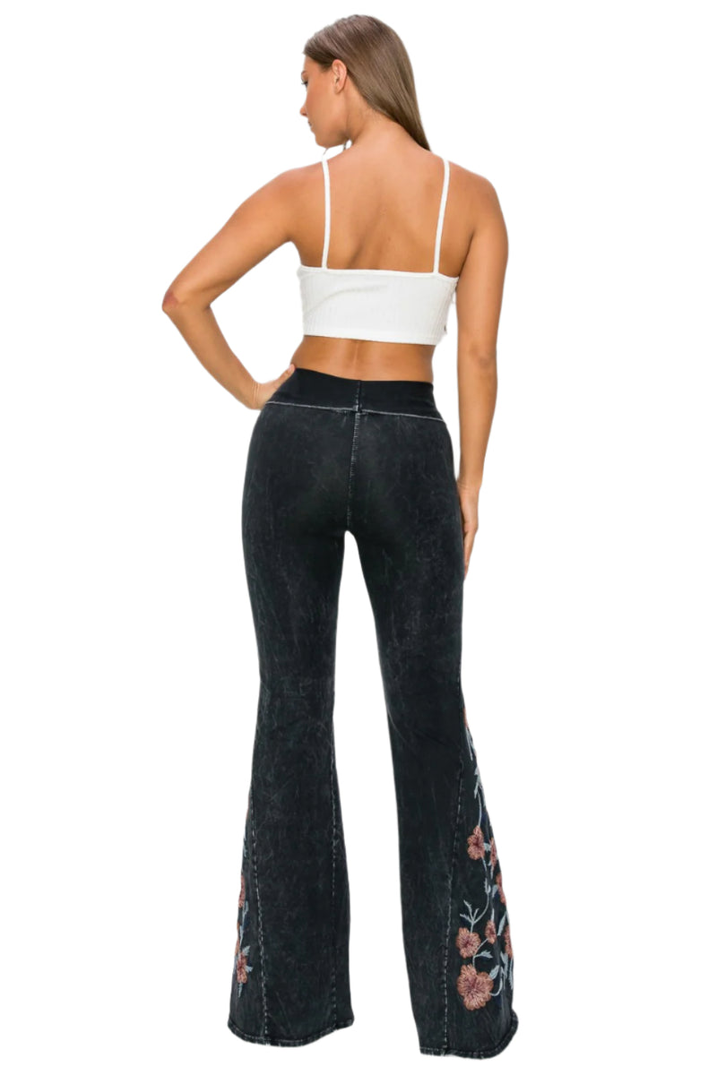 T-Party Desert Rose Embroidered Mineral Washed Yoga Pant - Black - Back Full View