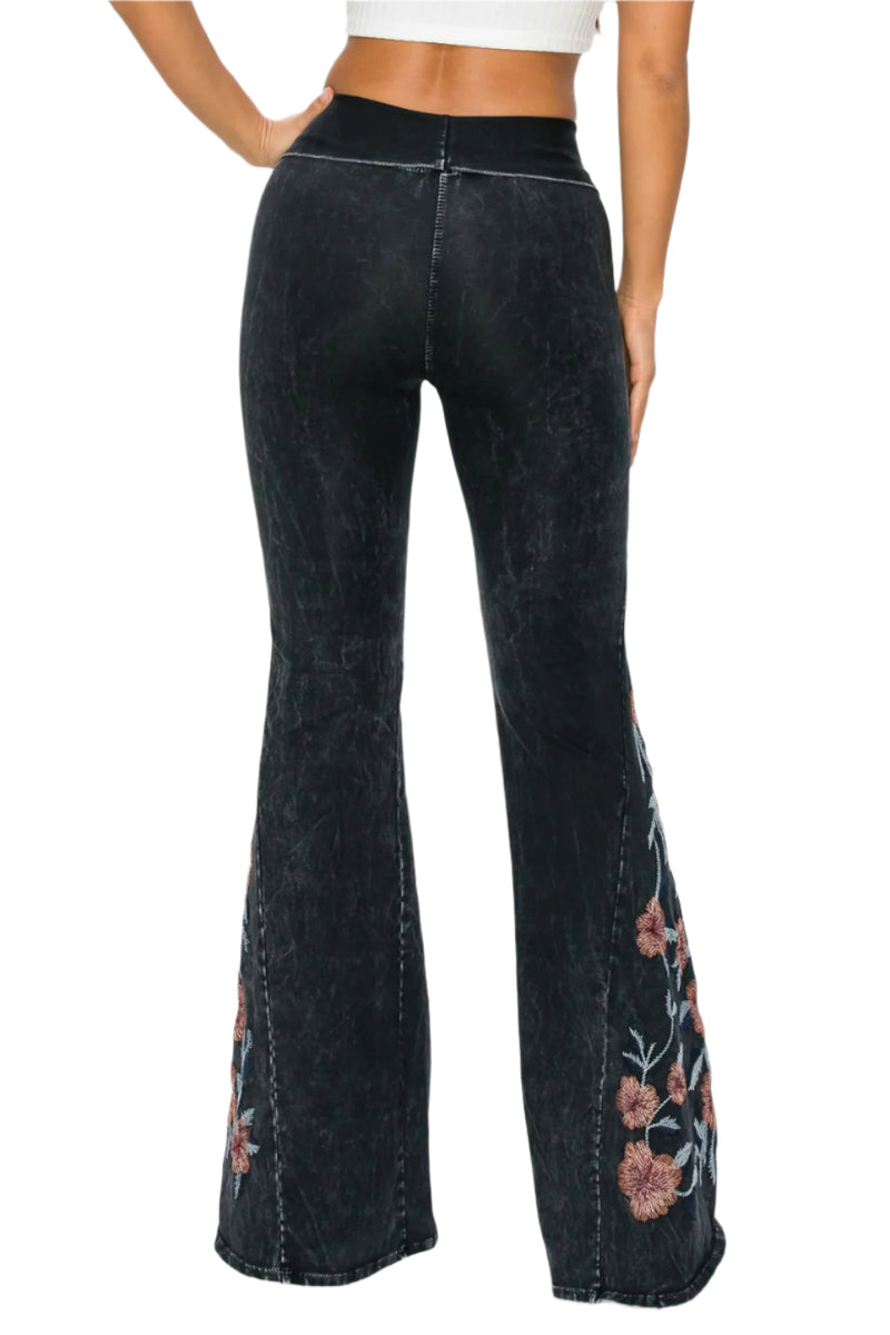 T-Party Desert Rose Embroidered Mineral Washed Yoga Pant - Black - Back View