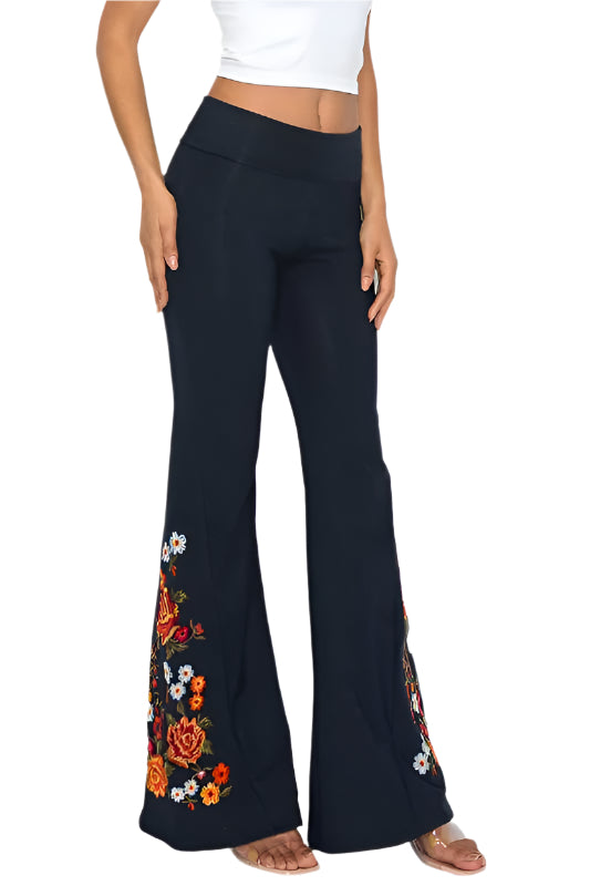 T-Party Coral Roses Embroidery Yoga Pant - Navy - Side View