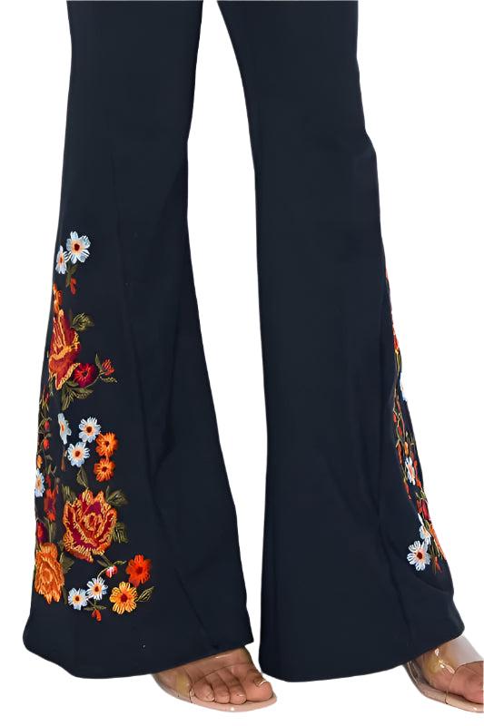 T-Party Coral Roses Embroidery Yoga Pant - Navy - Rear View