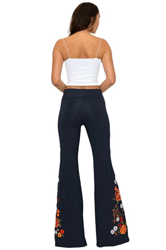 T-Party Coral Roses Embroidery Yoga Pant - Navy - Back Full View