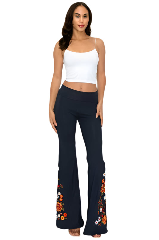 T-Party Coral Roses Embroidery Yoga Pant - Navy - Front Full View
