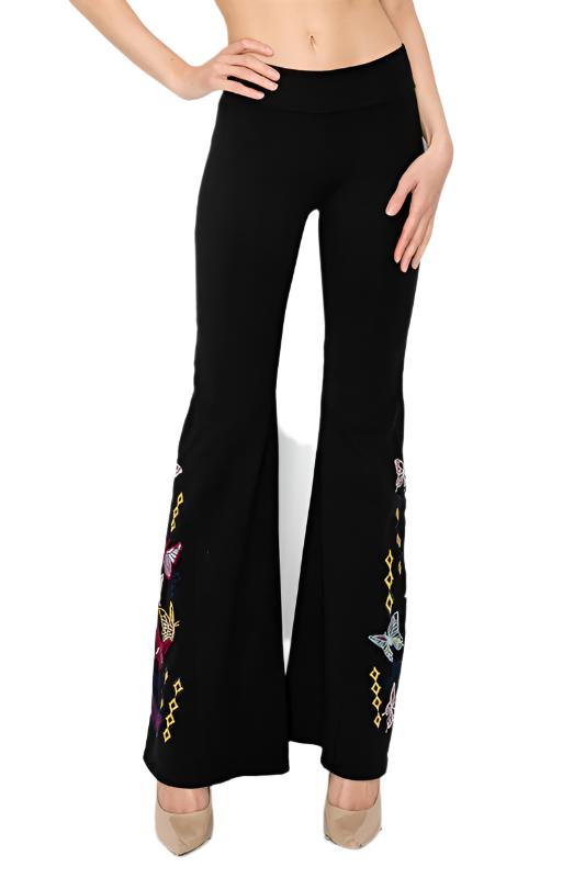 T-Party Butterfly Embroidery Yoga Pant - Black - Front View