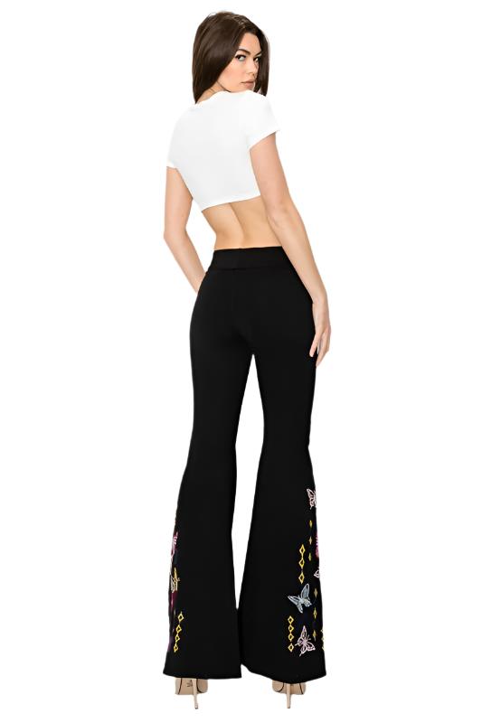 T-Party Butterfly Embroidery Yoga Pant - Black - Back Full View