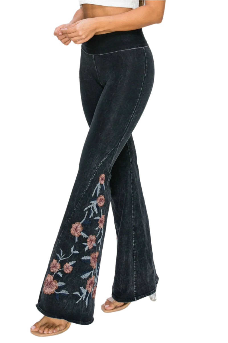 T-Party Desert Rose Embroidered Mineral Washed Yoga Pant - Black - Side View