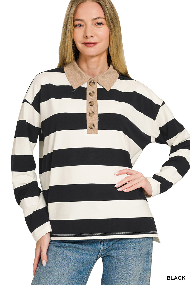 Zenana Striped Polo Contrast Collar Cotton Tee CT-3572
