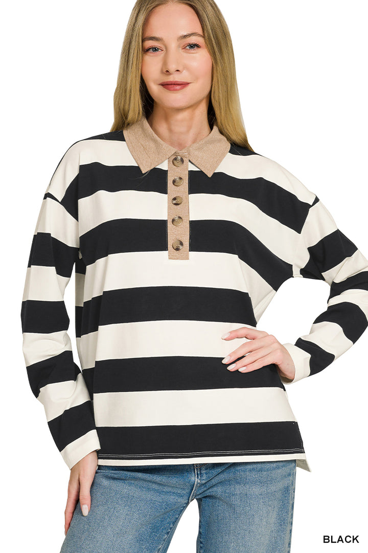 Zenana Striped Polo Contrast Collar Cotton Tee CT-3572