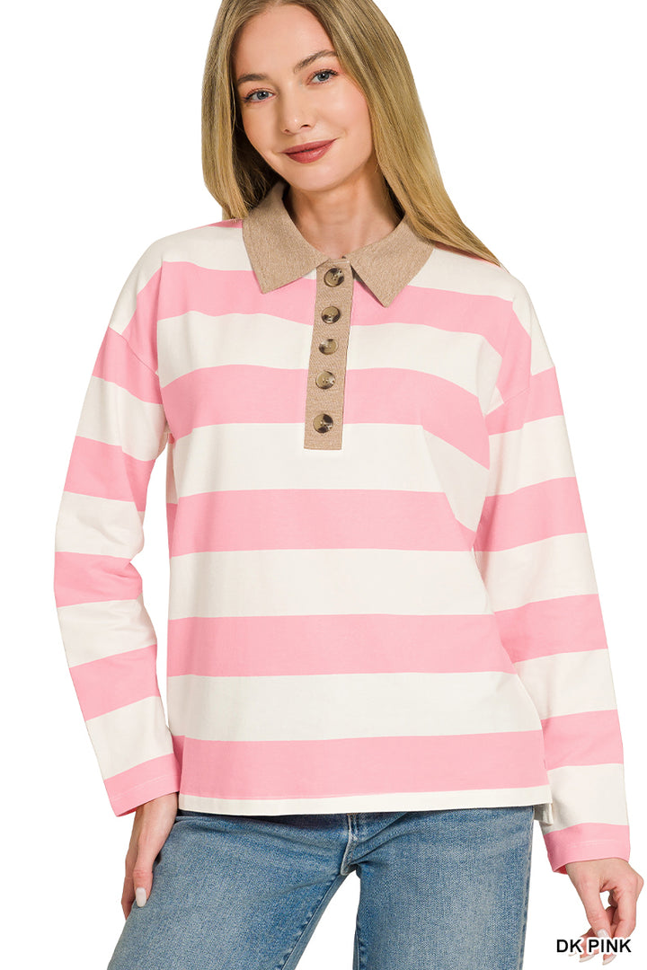 Zenana Striped Polo Contrast Collar Cotton Tee CT-3572