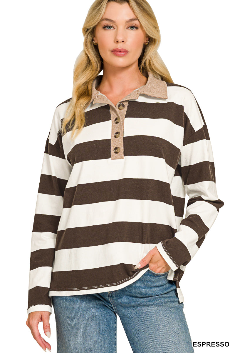 Zenana Striped Polo Contrast Collar Cotton Tee CT-3572